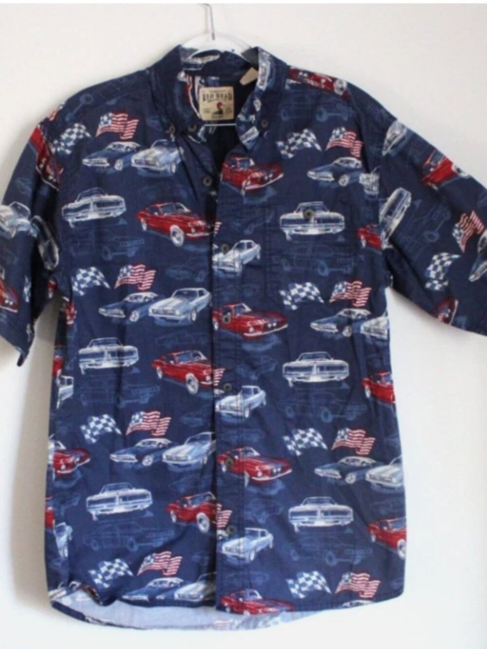 RedHead Men’s Navy Blue American Muscle Car Print Button Front Shirt Sz S